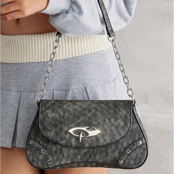 Women's PU Leather Punk Studded Flap Chain Top Handle Shoulder Bag - Picture 4 of 6